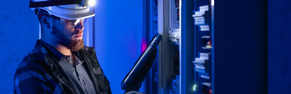 Electrician Overalls Focused Work Switchboard With Fuses Using Tablet