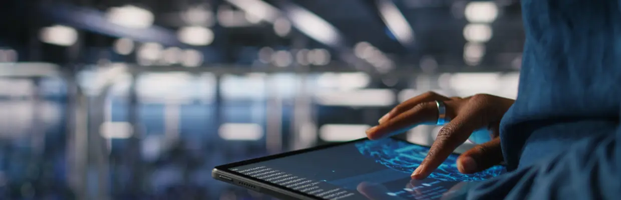 Close Up Data Center Engineer Using Tablet Doing Maintenance Ai Rigs