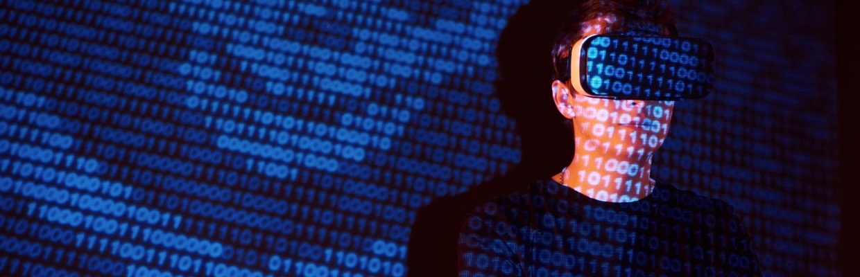 Double Exposure Caucasian Man Virtual Reality Vr Headset Is Presumably Gamer Hacker Cracking Code Into Secure Network Server With Lines Code