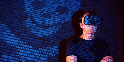 Double Exposure Caucasian Man Virtual Reality Vr Headset Is Presumably Gamer Hacker Cracking Code Into Secure Network Server With Lines Code