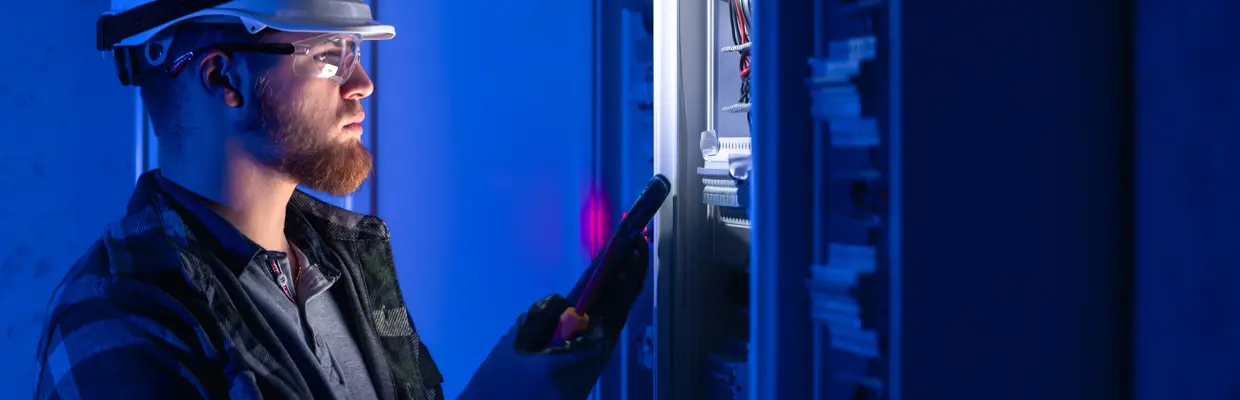 Electrician Overalls Focused Work Switchboard With Fuses Using Tablet (1)